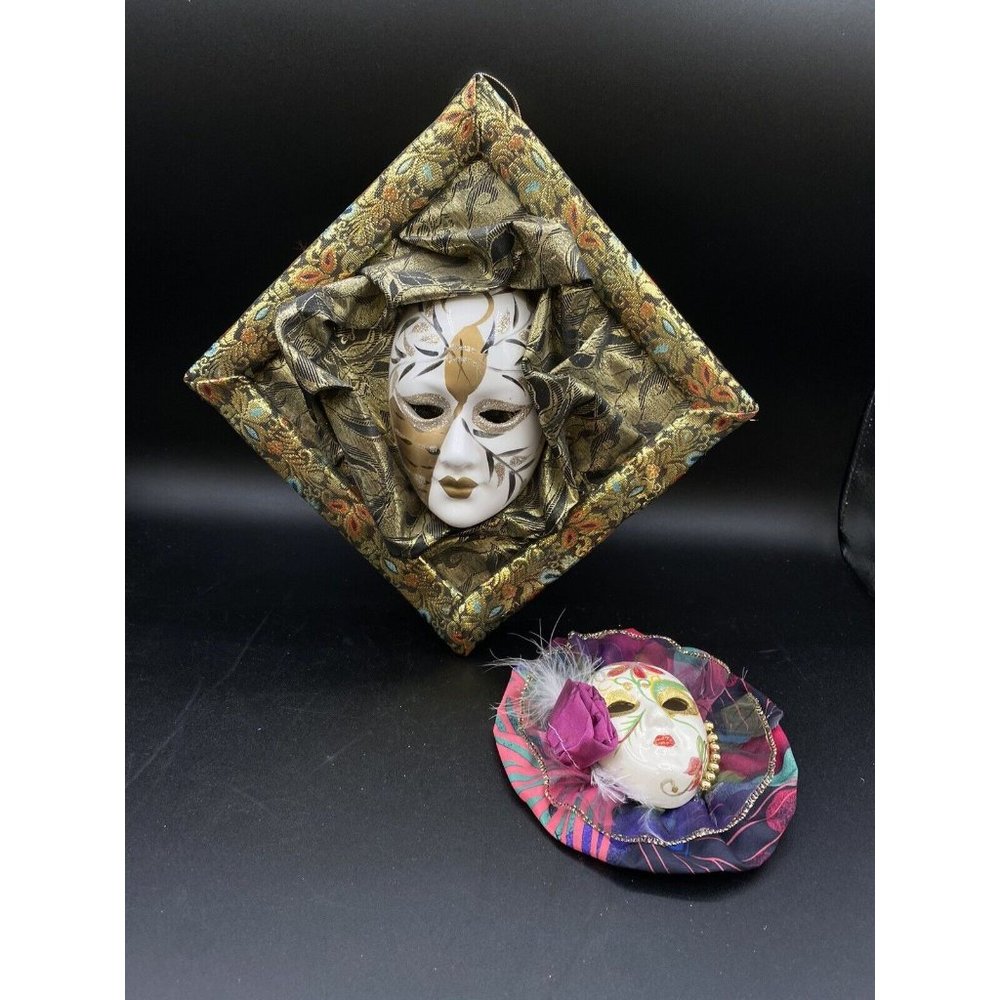 Hanging Ceramic Porcelain Mardi Gras Mask on Fabric Covered Backboard & Mini